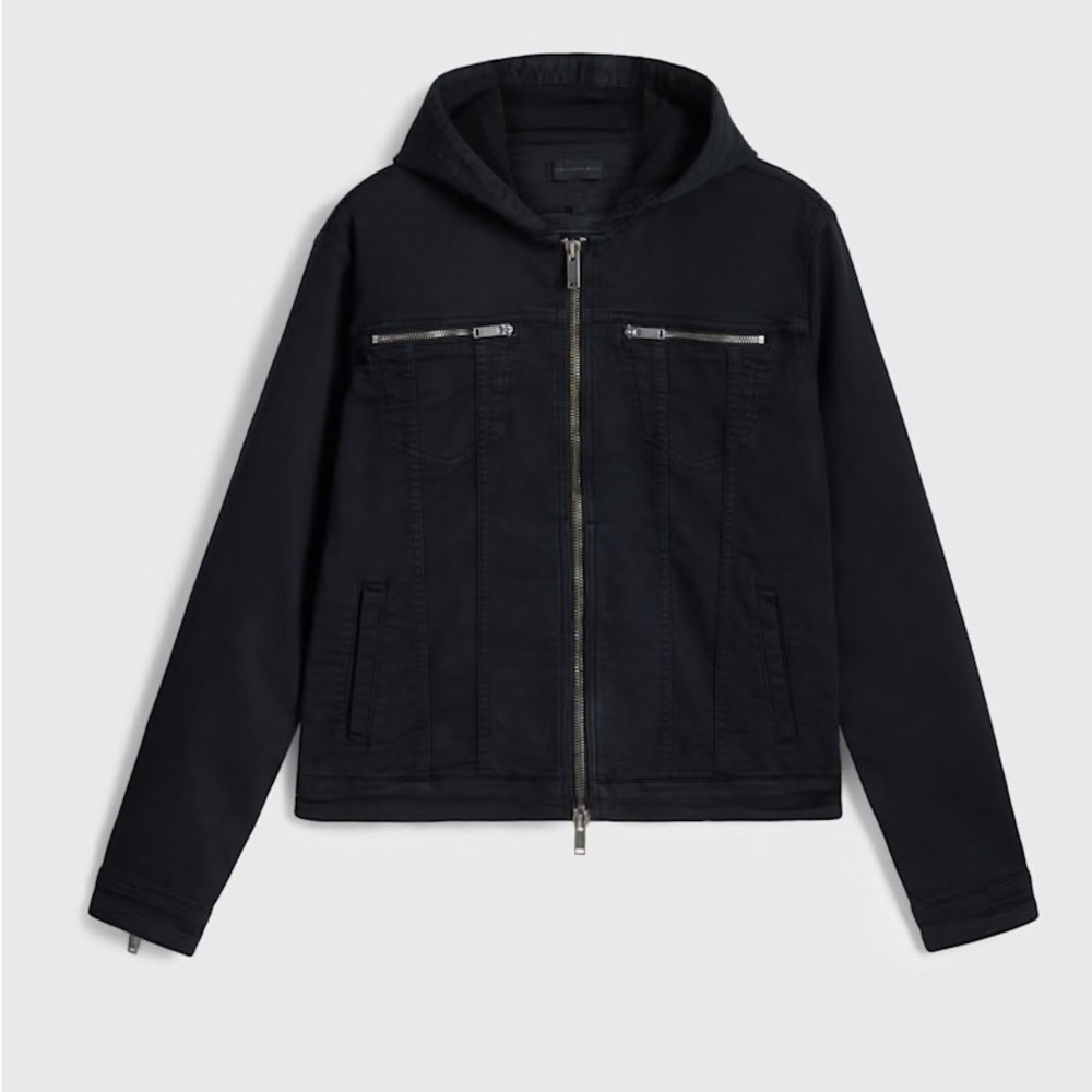 John Varvatos Scott Denim Black Hooded Jacket with Zipper Details